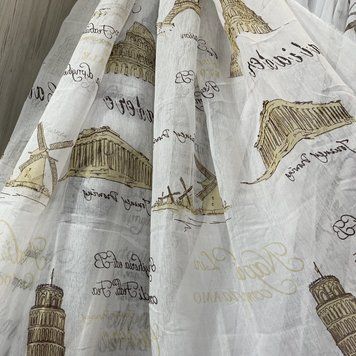 Батистова тюльна тканина з коричневим принтом "міста" на метраж (620-3) фото