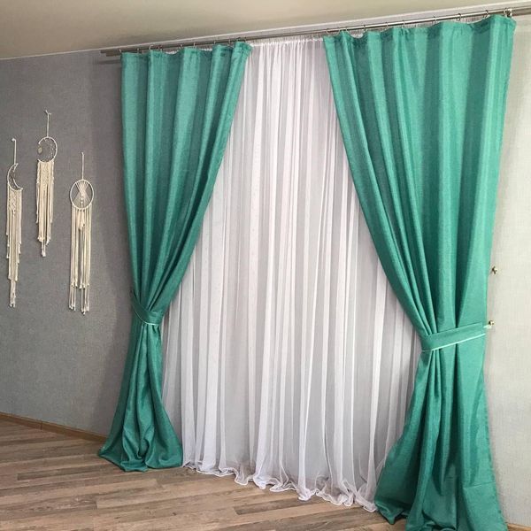 Легкі лляні штори бірюзового кольору 2шт. 150х270 з білим шифоновим тюлем 400х270, на тасьмі (SHTN-M1-19) фото