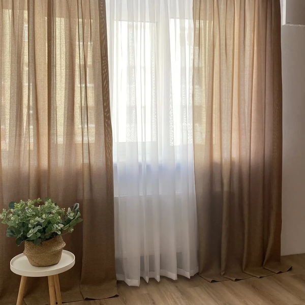 Легкі лляні штори кавового кольору 2шт. 150х270 з білим шифоновим тюлем 400х270, на тасьмі (SHTN-M1-20) фото