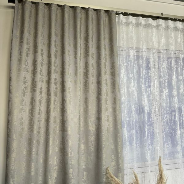 Мармурові жакардові штори світло-сірого кольору 2шт. 150х270 з білим жакардовим тюлем 400х270, на тасьмі (SHTL-M23-2) фото