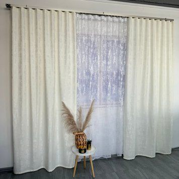 Мармурові жакардові штори молочного кольору 2шт. 150х270 з білим жакардовим тюлем 400х270, на тасьмі (SHTL-M23-17) фото
