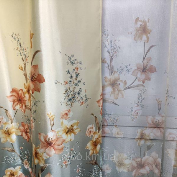 Атласні штори з квітами бірюзового кольору 150х270 з батистовим тюлем 400х270 на тасьмі (SHT-650-4) фото