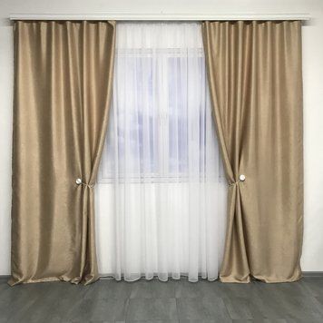 Штори софт-велюр блекаут бежевого кольору 2шт. 150х270 на тасьмі (SH-250-3) фото