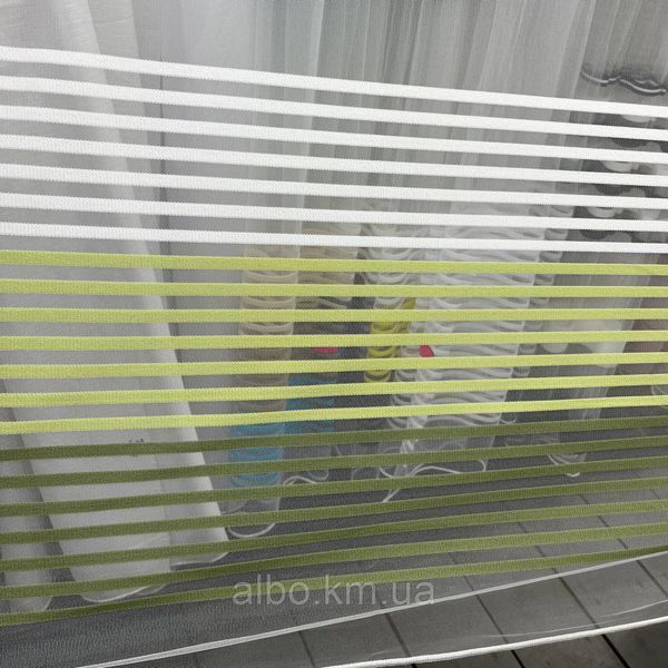 Білий тюль з фатину з білими, салатовими та зеленими смужками на метраж (ROWII-YESIL) фото