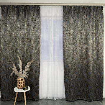 Жакардові штори "геометрія" блідно-синього кольору 2шт. 150х270 з білим шифоновим тюлем 400х270, на тасьмі (SHTN-K1-5) фото