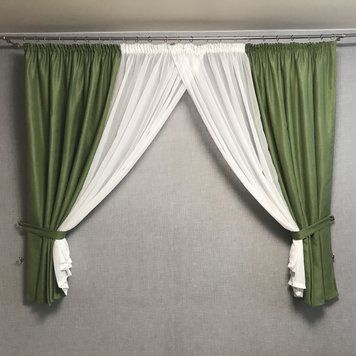 Коротка занавіска з мікровелюру та шифону зелено-білого кольору на тасьмі 1,7м на 4м (KU-PK-586) фото