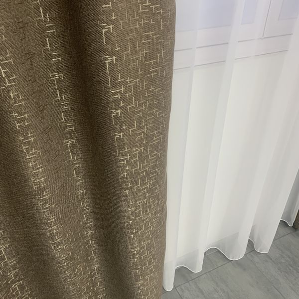 Лляні мармурові блекаут штори коричневого кольору 2шт. 150х270 з білим шифоновим тюлем 400х270, на тасьмі (SHTN-M22-1) фото