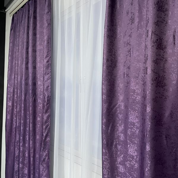 Жакардові штори фіолетового кольору 2шт. 150х270 з білим шифоновим тюлем 400х270, на тасьмі (SHTN-C33-18) фото