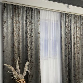 Жаккардовые мраморные шторы серо-шоколадного цвета 2шт. 150х270 с белым шифоновым тюлем 400х270, на тасьме (SHTN-K3-2) фото