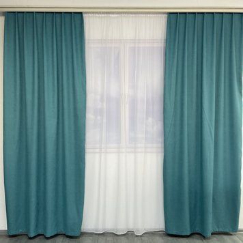 Мікровелюрові штори бірюзового кольору 2шт. 150х270 з білим шифоновим тюлем 400х270, на тасьмі (SHTN-Petek-T-100) фото