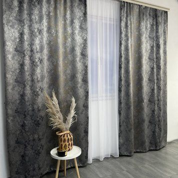 Жаккардовые мраморные шторы серо-золотистого цвета 2шт. 150х270 с белым шифоновым тюлем 400х270, на тасьме (SHTN-K3-4) фото