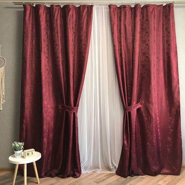 Жаккардовые шторы бордового цвета 2шт. 150х270 с белым шифоновым тюлем 400х270, на тасьме (SHTN-C33-7) фото