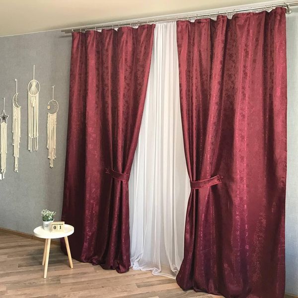 Жаккардовые шторы бордового цвета 2шт. 150х270 с белым шифоновым тюлем 400х270, на тасьме (SHTN-C33-7) фото