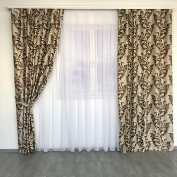 Шторы софт-велюр блэкаут "вензель" бежевого цвета 2шт. 150х270 с белым шифоновым тюлем 400х270, на тасьме (SHTN-202-1) фото