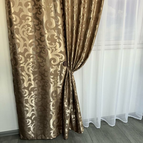 Шторы жаккард "Вензель" кофейный150х270 см, 2шт, тасьма фото
