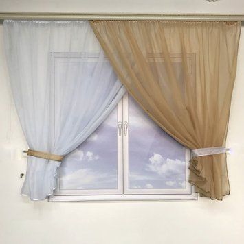 Короткий тюль для кухні бежево-білого кольору на тасьмі 1,7м на 3м (KU-139-25) фото
