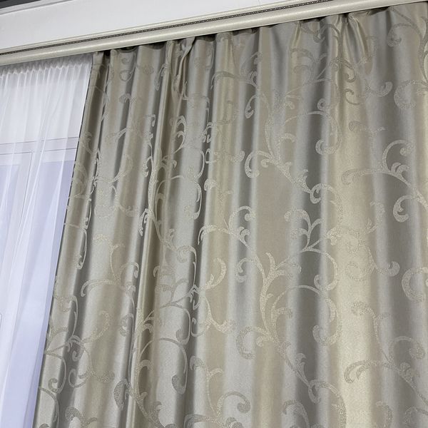 Жакардові штори "вензель" темно-бежевого кольору 2шт. 150х270 з білим шифоновим тюлем 400х270, на тасьмі (SHTN-M32-5) фото